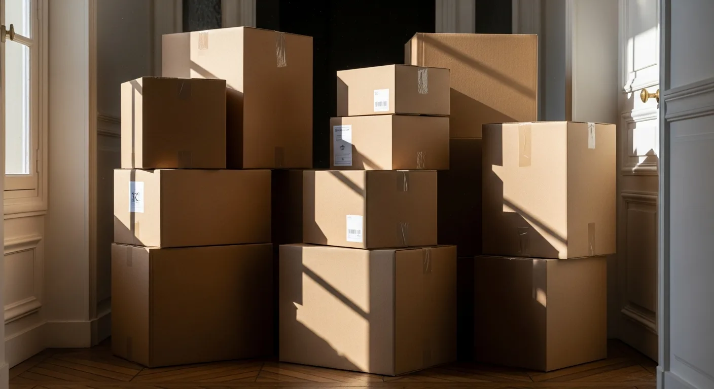 Cartons de déménagement empilés dans un appartement parisien prêts à être chargés